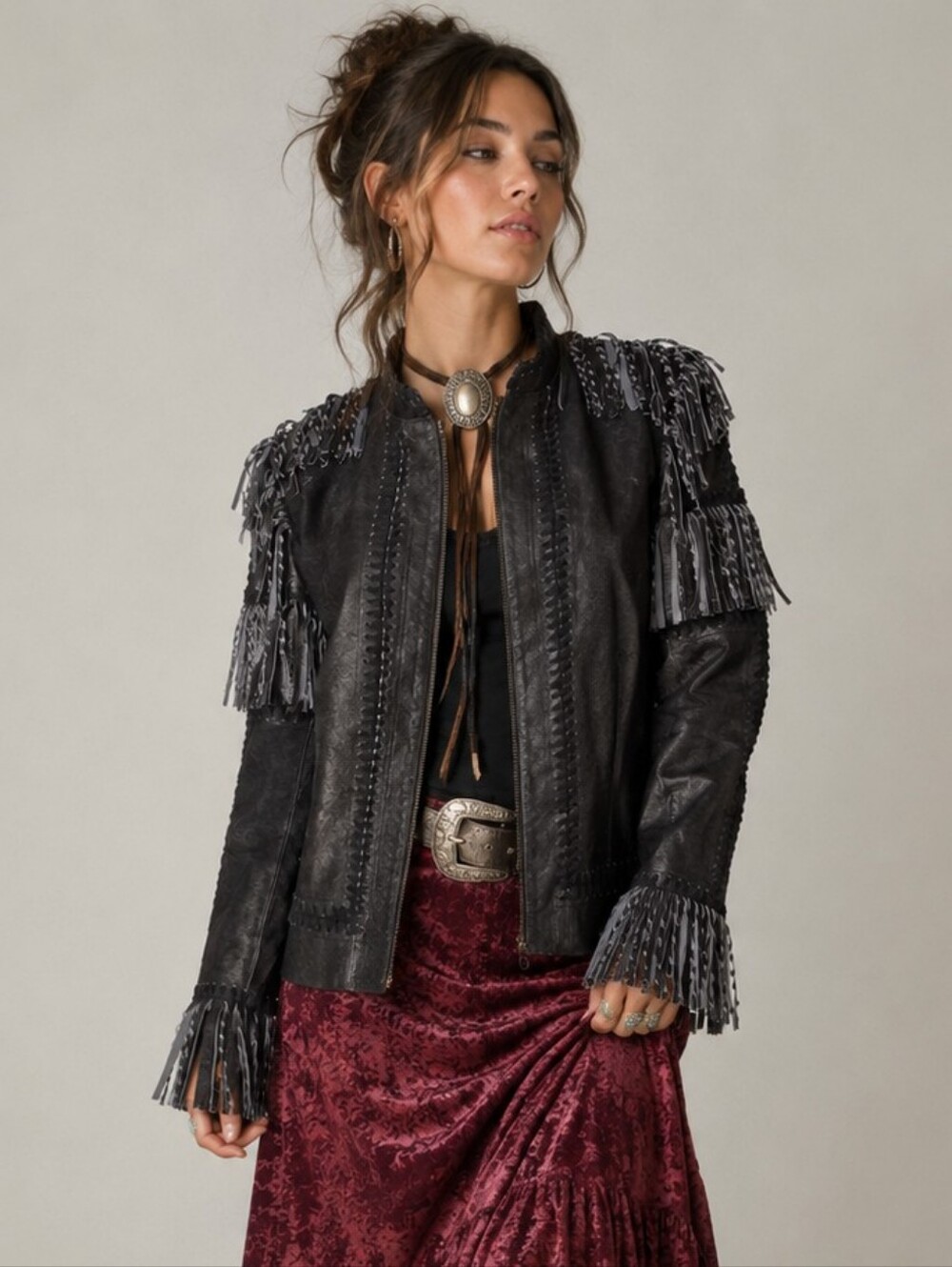 NWOT Vntg Double D Ranch Paint Your Wagon Black Leather Fringe Whipstitch Jacket